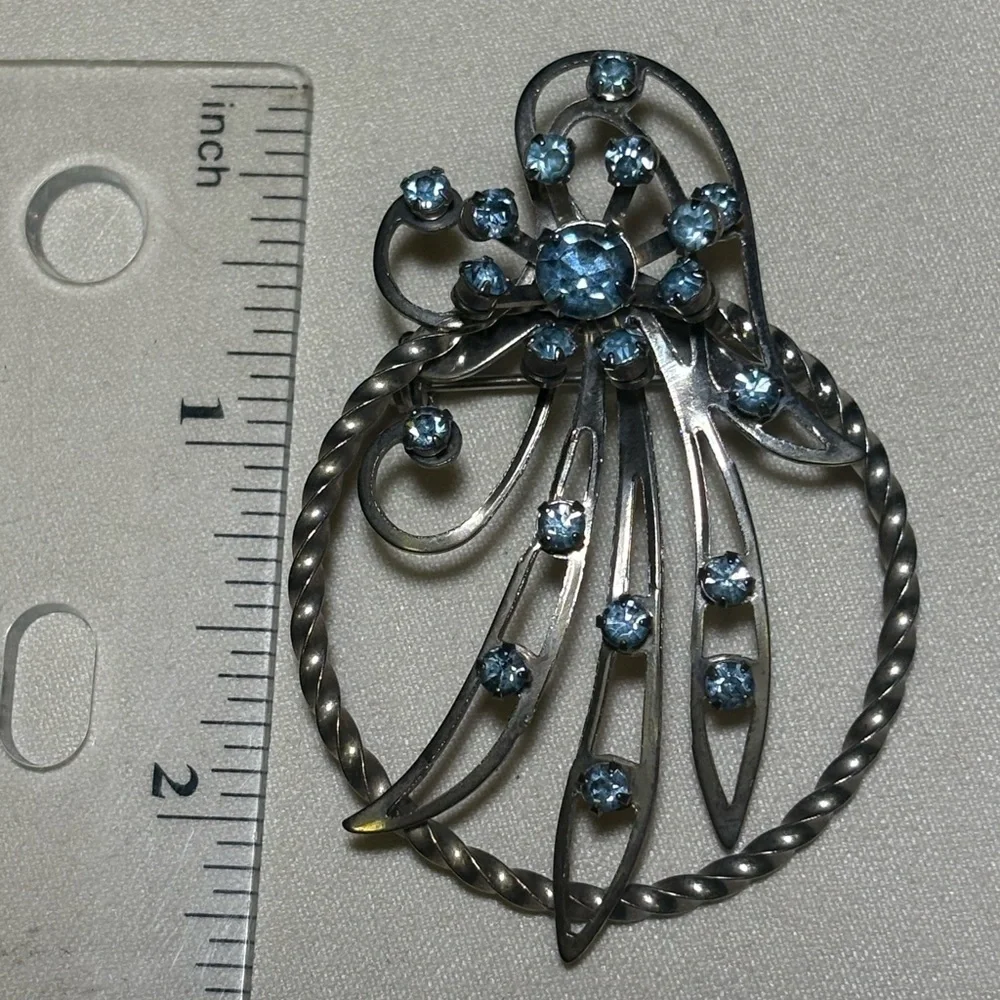 Vtg Fancy Silver Light Blue Rhinestone Brooch